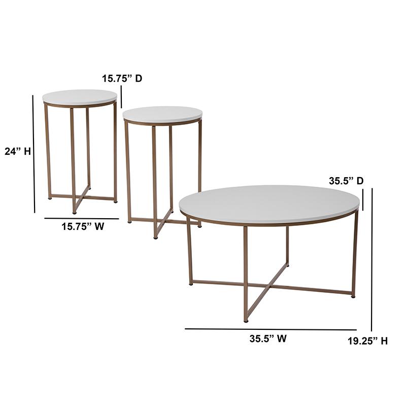 Coffee and End Table Set - White Top with Brushed Gold Crisscross Frame, 3 Piece - Flash Furniture
