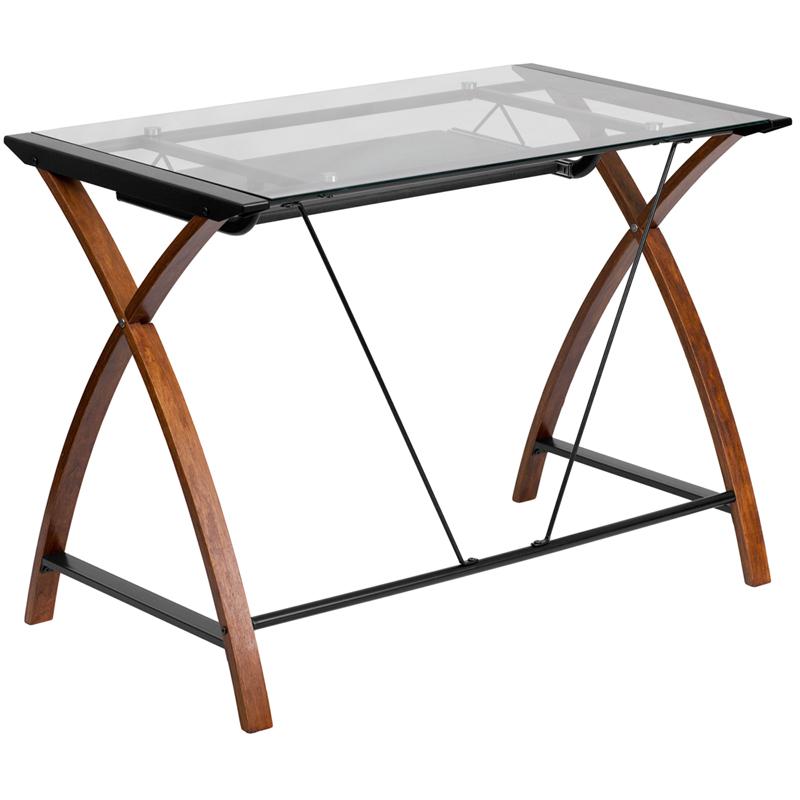 Glass Computer Desk with Pull-Out Keyboard Tray and Crisscross Frame - Flash Furniture