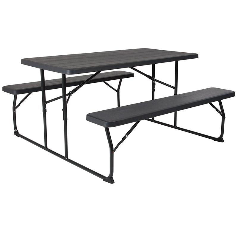 Charcoal Wood Grain Folding Picnic Table and Benches - 4.5 Foot Folding Table - Flash Furniture