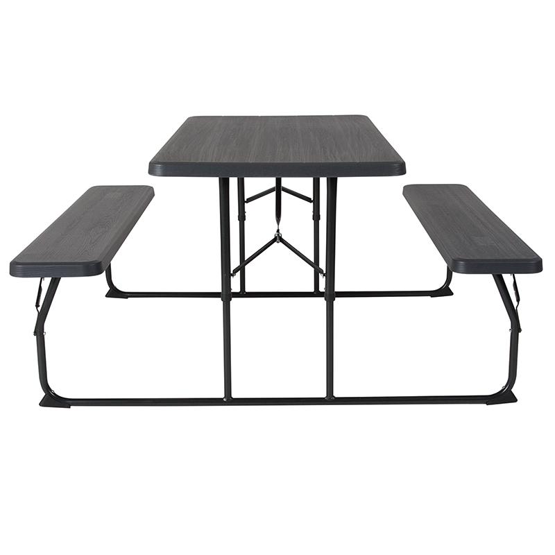 Charcoal Wood Grain Folding Picnic Table and Benches - 4.5 Foot Folding Table - Flash Furniture