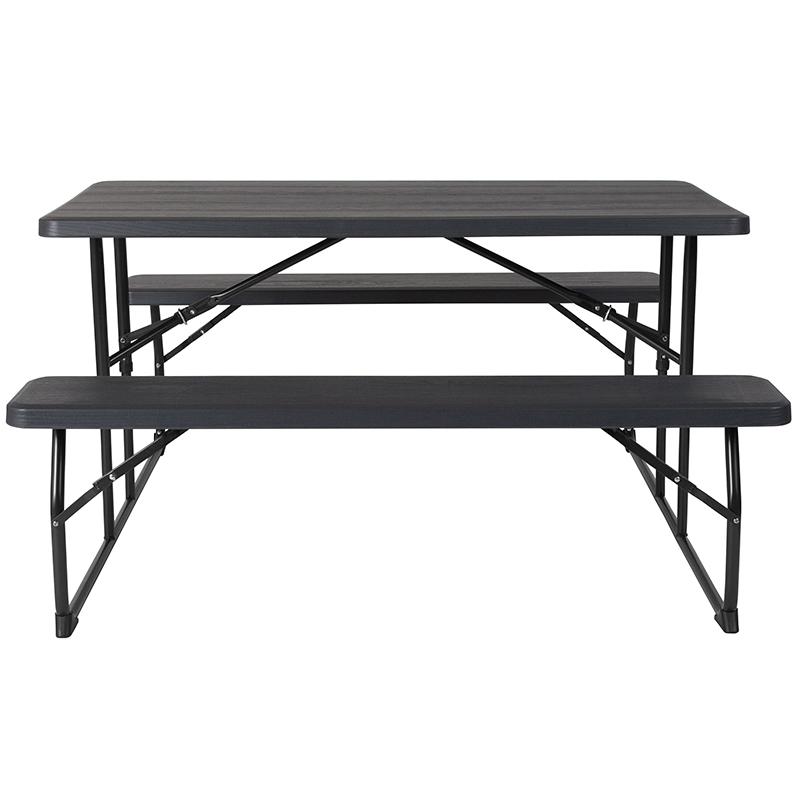 Charcoal Wood Grain Folding Picnic Table and Benches - 4.5 Foot Folding Table - Flash Furniture