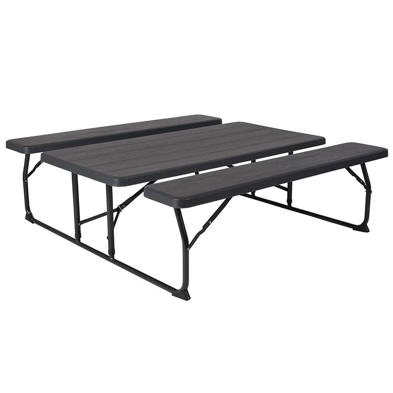 Charcoal Wood Grain Folding Picnic Table and Benches - 4.5 Foot Folding Table - Flash Furniture