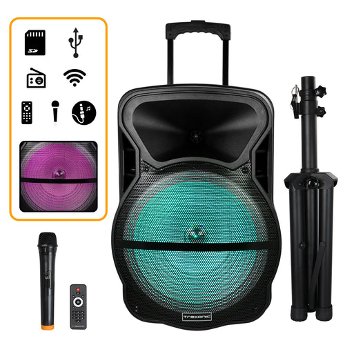 Trexonic  Combination 15 Inch Bluetooth Portable Speaker and Tripod Stand with Reactive Lights, FM Radio, USB/TF Inputs, Rechargeable Battery  & Voice Broadcast