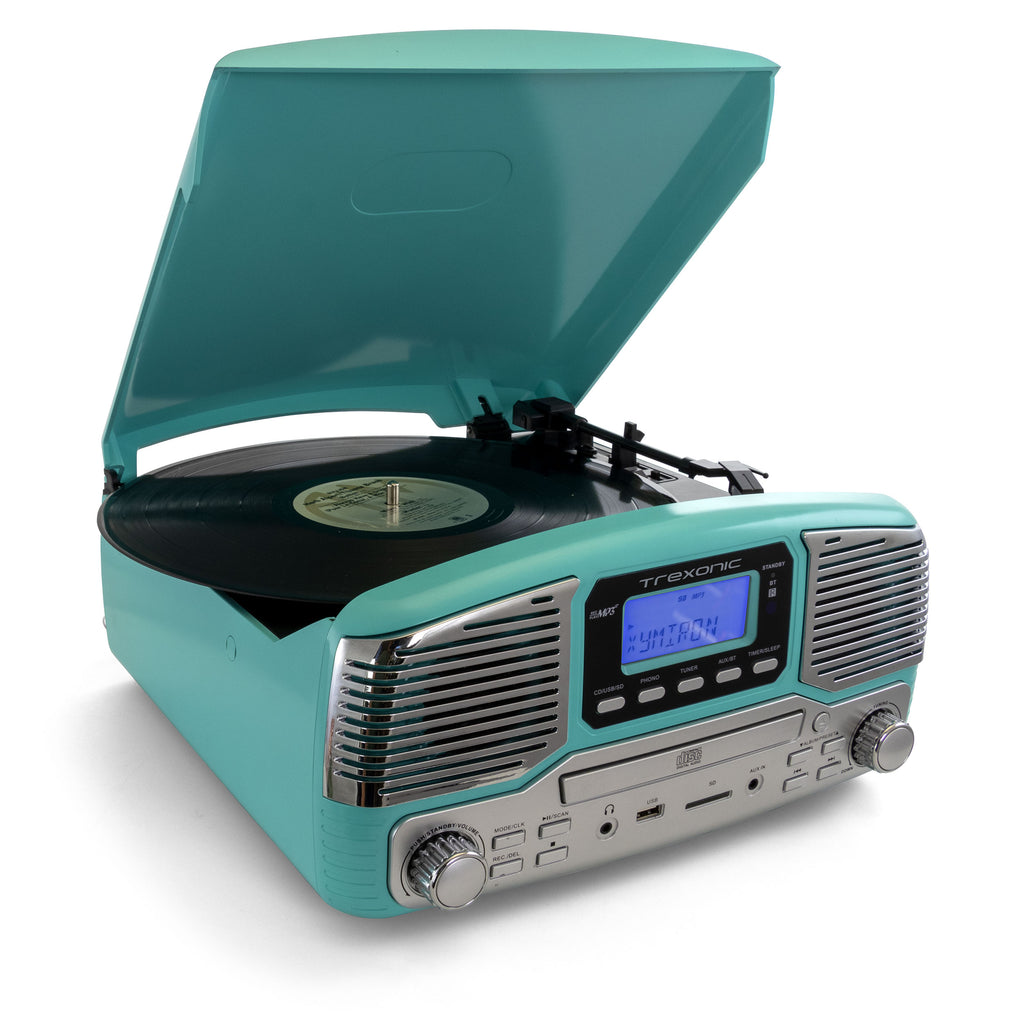 Trexonic  Retro Wireless Bluetooth, Record and CD Player in Turquoise