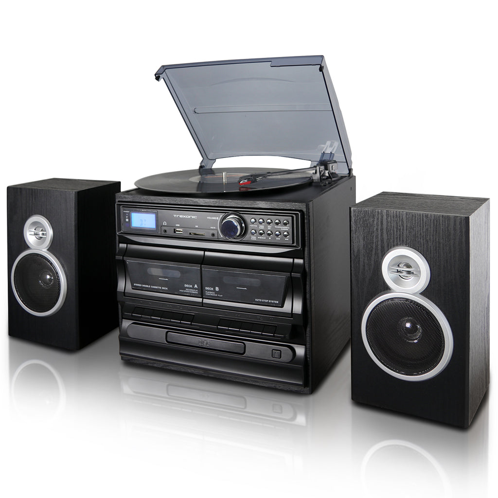 Trexonic  3-Speed Vinyl Turntable Home Stereo System with CD Player, Dual Cassette Player, Bluetooth, FM Radio &amp; USB/SD Recording and Wired Shelf Speakers